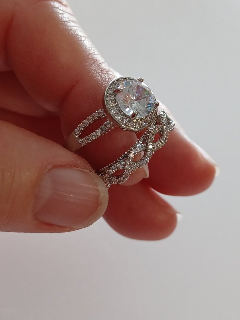 New Size 9 Silver Tone Wedding Ring Bridal Set W/Clear Stones